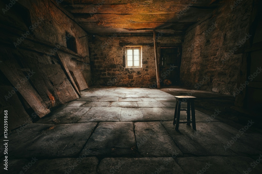 Obraz premium An old, abandoned room filled with dust, broken furniture, and faint light through windows. The image evokes nostalgia, mystery, and a sense of forgotten time.