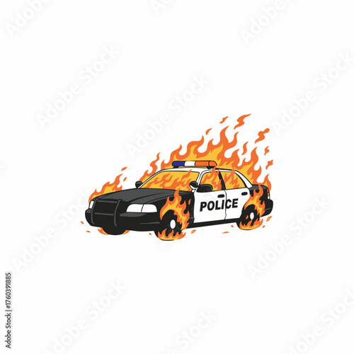 Cartoon Burning Police Car Vector Illustration