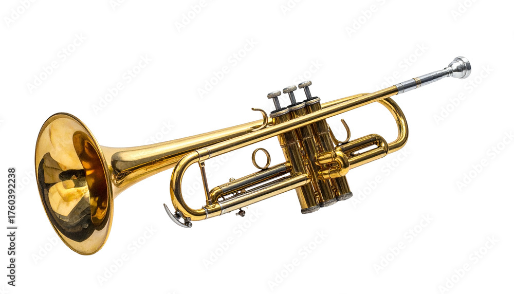 Obraz premium Golden brass trumpet, valves gleaming, on a black backdrop