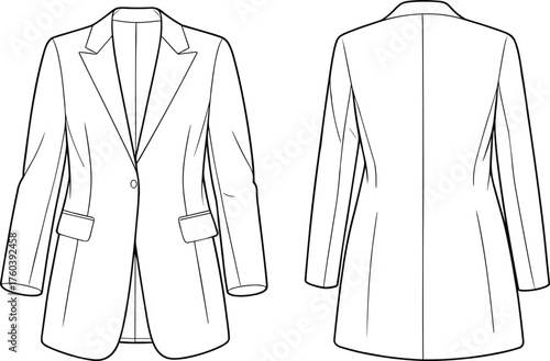 Women's single-breasted blazer fashion sketch, front and back view, flap pockets, tailored fit, cad drawing flat vector illustration