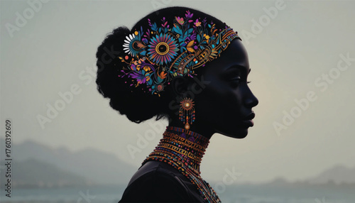 Abstract African woman silhouette with tribal jewelry, gradient colors, elegant line art, decorative fashion concept Ai Generate 