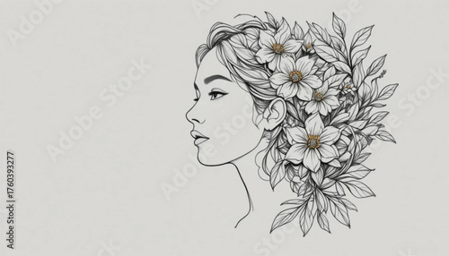 Minimalist line drawing of female portrait merging with floral leaves, contemporary vector art Ai generate 