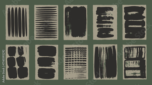 Ten abstract brush stroke designs on paper in black and beige creating a modern artistic pattern suitable for backgrounds textures and creative projects with a minimalist aesthetic style