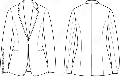Tailored women's blazer jacket fashion sketch, zipper front closure, slanted pockets, sleeve button detail, cad drawing flat vector illustration