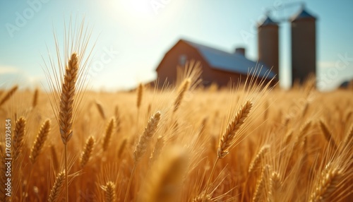 Golden wheat field with silos under blue sky. Farm building located in background. Agricultural land, harvest time. Nature landscape with cereal crops in summer. Rural agriculture industry scenery.