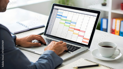 Close up of a businessman using laptop with gantt chart application for planning and scheduling appointments at the office