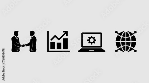 Business deal and growth chart with laptop and global network icons representing international business and technology solutions for global partnerships and successful ventures