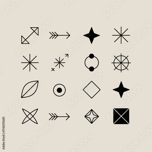 Minimalist design featuring geometric shapes and symbols including arrows stars circles squares and leaf shapes arranged in a grid pattern on a neutral background for modern aesthetic appeal