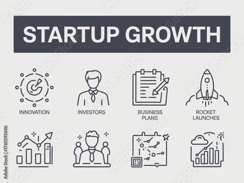 Startup growth concept featuring innovation investors business plans rocket launches team strategy and data analysis in a modern minimalist line art style for business and technology ventures