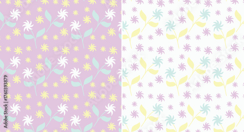 Minimal pastel abstract floral tossed seamless pattern in mint, lavender and butter yellow — for fashion apparel, stationery, home textile, and decorative interior surfaces — non-food-contact
