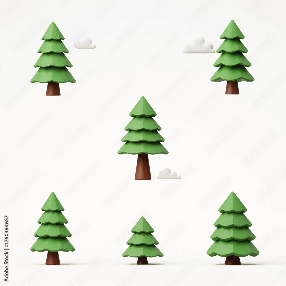 Obraz premium Whimsical 3D rendered cartoon pine trees with fluffy clouds on a clean white background