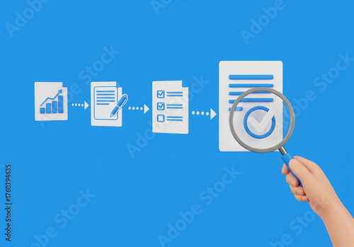 3D Hand Examining Workflow Process Icons on Blue Background business checklist