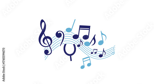 Decorative Musical Notes and Symbols Illustration in Blue Tones.