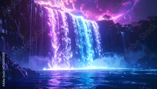 Wallpaper Mural Vibrant Neon Waterfall Illuminating a Mystical Night Landscape with Glowing Waters. Torontodigital.ca