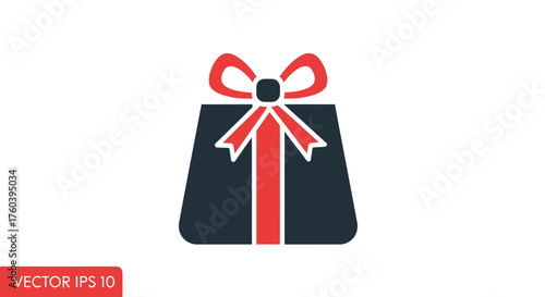 A stylized flat design icon of a dark blue gift box with a red ribbon and bow.