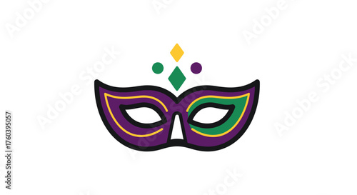 Colorful purple green and gold Mardi Gras carnival mask icon with diamond decorations.
