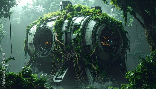 Fototapeta Naklejka Na Ścianę i Meble -  Overgrown Abandoned Sci-Fi Machine in Lush Jungle Environment.