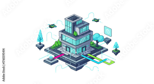 Isometric Smart Building Illustration with Digital Connectivity and Green Elements.