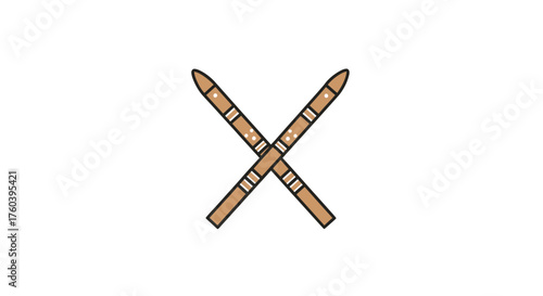 Two Crossed Wooden Drumsticks with Detailed Bands.