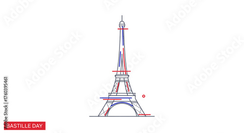 Minimalist Eiffel Tower Line Art Drawing with Red and Blue Accents.