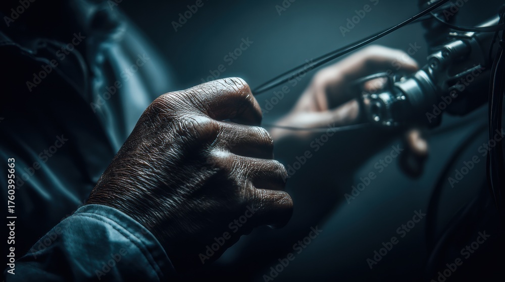 © Anat art - A skilled craftsman adjusts a mechanical device with precision in low light, showcasing detailed hands that reveal years of experience and dedication.