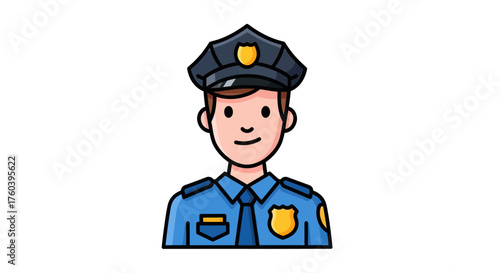 Cartoon Male Police Officer in Blue Uniform and Cap.