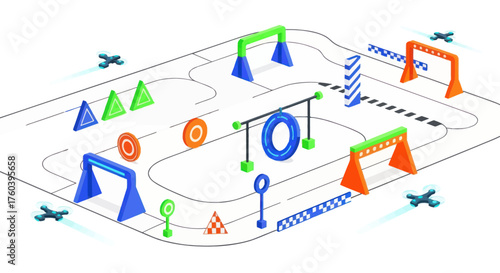 Colorful Dog Agility Course Obstacles on a Track Layout.