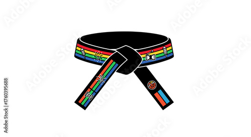 A tied black martial arts belt featuring a colorful continuous rainbow stripe design.
