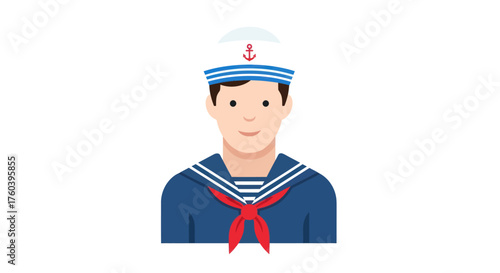 Illustrated Sailor Man in Traditional Uniform with Anchor Hat.