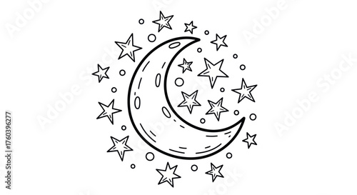 Hand-drawn crescent moon surrounded by stars and dots.