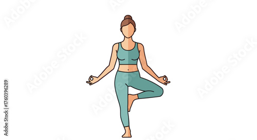 Cartoon Woman in Yoga Tree Pose Balancing and Meditating.