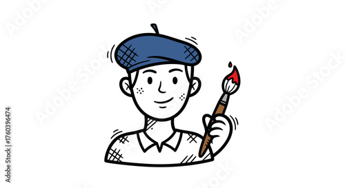 Cheerful Artist in Blue Beret Holding Paintbrush with Red Paint.