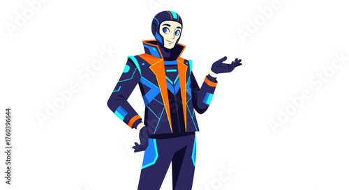 Futuristic Cartoon Character in Blue and Orange Suit with Raised Hand.