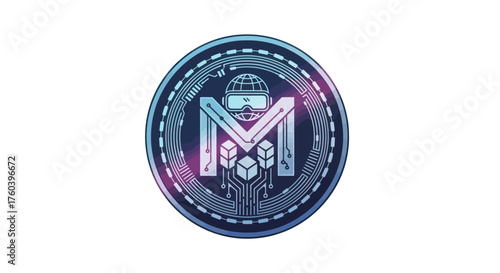 Futuristic Digital Cryptocurrency Coin with Circuitry and Geometric Design.