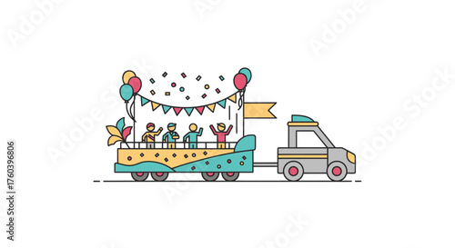 Festive Parade Float with People and Balloons on a Truck.