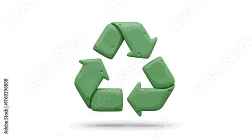 A three-dimensional green recycling symbol with a textured clay-like appearance.
