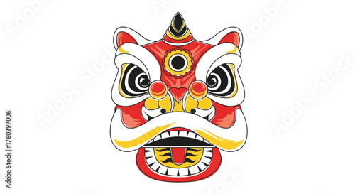 Vibrant Red and Gold Chinese Lion Dance Head with Fierce Expression.