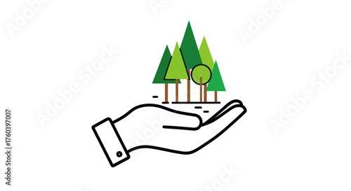 Hand holding a miniature forest of green trees symbolizing nature conservation.