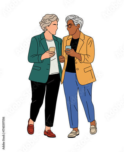Minimalist vector illustration of two elderly women using smartphones. Modern flat design with clean lines, simple colors, and casual fashion on transparent background
