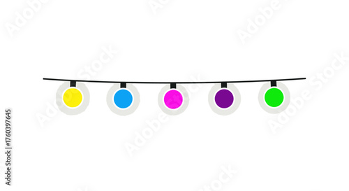 Colorful string lights with glowing bulbs in yellow blue pink purple and green.