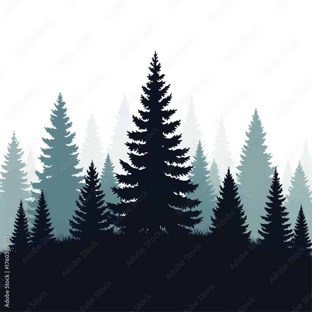 Obraz premium Serene Silhouette of a Dense Pine Forest Under a Hazy Sky - A Timeless Natural Landscape Illustration