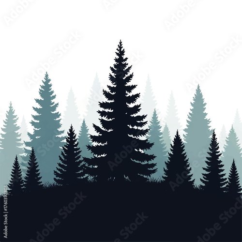 Serene Silhouette of a Dense Pine Forest Under a Hazy Sky - A Timeless Natural Landscape Illustration