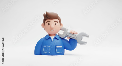 Cartoon Mechanic Character Holding a Large Wrench.
