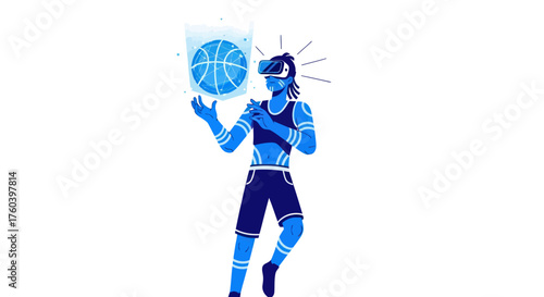 Blue-toned person in VR headset playing virtual basketball.