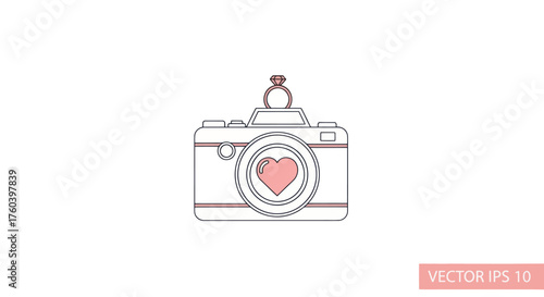 Camera with Heart Lens and Diamond Ring Wedding Photography Concept.