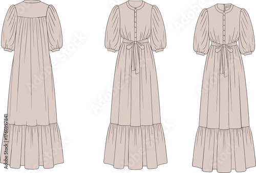Long dress fashion technical sketch, puff sleeve, button front, waist tie, ruffle hem, back yoke, cad