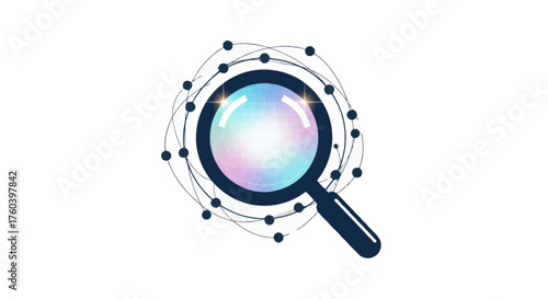 Digital Magnifying Glass with Colorful Lens and Network Dots.