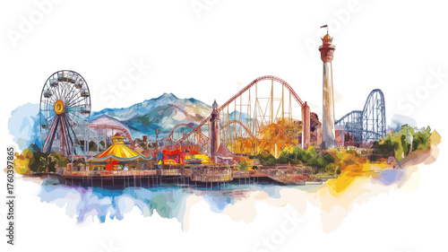 Six Flags Magic Mountain. Six Flags Magic Mountain hand drawn watercolor illustration
