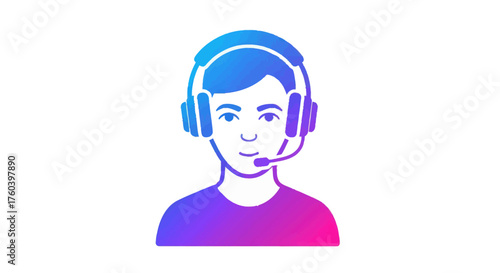 Colorful gradient illustration of a young man wearing a gaming headset with a microphone.