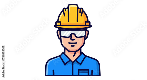 Cartoon construction worker wearing yellow hard hat and safety glasses.
